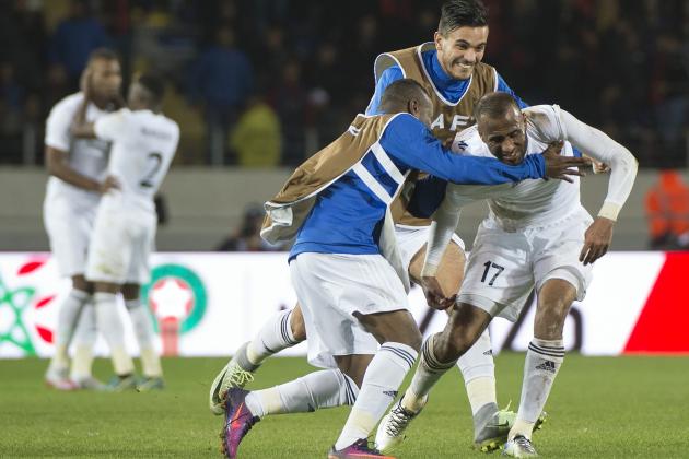 Libyan players celebrate after scoring their equaliser during the semi-final football match in the African Nations Championship between Morocco and Libya at the Mohammed V Casablanca Stadium on January 31, 2018. / AFP PHOTO / Fadel SENNA (Photo credit should read FADEL SENNA/AFP/Getty Images)