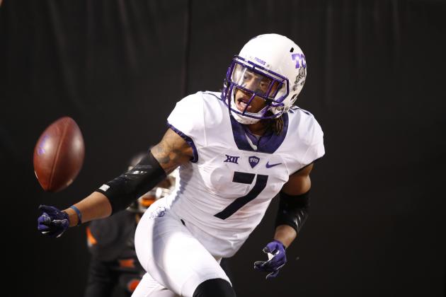 TCU wide receiver Kolby Listenbee (7) celebrates after a touchdown during an NCAA college football game between TCU and Oklahoma State in Stillwater, Okla., Saturday, Nov. 7, 2015. Oklahoma State won 49-29. (AP Photo/Sue Ogrocki)