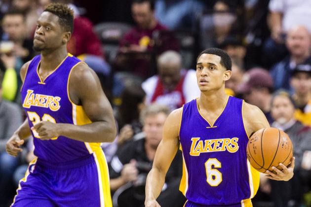 CLEVELAND, OH - FEBRUARY 10: Julius Randle #30 of the Los Angeles Lakers and Jordan Clarkson #6 run down the court during the first half against the Cleveland Cavaliers at Quicken Loans Arena on February 10, 2016 in Cleveland, Ohio. NOTE TO USER: User expressly acknowledges and agrees that, by downloading and/or using this photograph, user is consenting to the terms and conditions of the Getty Images License Agreement. Mandatory copyright notice. (Photo by Jason Miller/Getty Images)