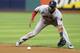 Boston Red Sox's Eduardo Nunez fields a ball hit by Cleveland Indians' Austin Jackson in the eighth inning of a baseball game, Wednesday, Aug. 23, 2017, in Cleveland. Jackson was out on the play. (AP Photo/Tony Dejak)