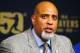 NEW YORK, NY - JUNE 16: MLBPA Executive Director Tony Clark speaks during a press conference on youth initiatives hosted by Major League Baseball and the Major League Baseball Players Association at Citi Field before a game between the New York Mets and the Pittsburgh Pirates on June 16, 2016 in the Queens borough of New York City. The Mets defeated the Pirates 6-4. (Photo by Jim McIsaac/Getty Images)