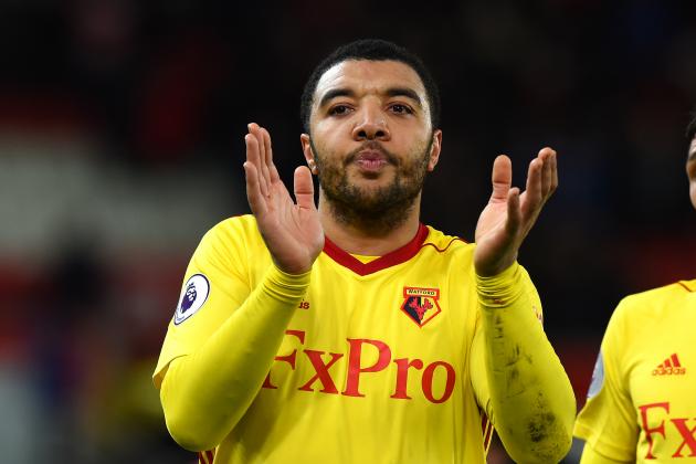 STOKE ON TRENT, ENGLAND - JANUARY 31: Troy Deeney of Watford applauds the fans at the end of the Premier League match between Stoke City and Watford at Bet365 Stadium on January 31, 2018 in Stoke on Trent, England. (Photo by Tony Marshall/Getty Images)