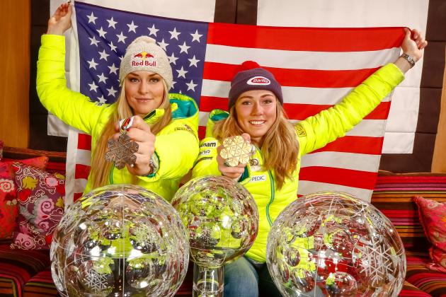 MERIBEL, FRANCE - MARCH 22: (FRANCE OUT)  American World Championship medallists and World Cup globe winners Mikaela Shiffrin and Lindsey Vonn pose for a photo shoot during the Audi FIS Alpine Ski World Cup Finals on March 22, 2015 in Meribel, France. (Photo by Alexis Boichard/Agence Zoom/Getty Images)