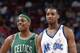 ORLANDO, FL - APRIL 12: Paul Pierce #34 of the Boston Celtics stands next to Tracy McGrady #1 of the Orlando Magic during the NBA game at TD Waterhouse Centre on April 12, 2003 in Orlando, Florida. The Magic won 89-86. NOTE TO USER: User expressly acknowledges and agrees that, by downloading and or using this Photograph, User is consenting to the terms and conditions of the Getty Images License Agreement. Mandatory Copyright Notice: Copyright 2003 NBAE (Photo by Fernando Medina/NBAE via Getty Images)