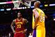 LOS ANGELES, CA - MARCH 10: LeBron James #23 of the Cleveland Cavaliers jokes with Kobe Bryant #24 of the Los Angeles Lakers during a 120-108 Cavaliers win at Staples Center on March 10, 2016 in Los Angeles, California. NOTE TO USER: User expressly acknowledges and agrees that, by downloading and or using this Photograph, user is consenting to the terms and condition of the Getty Images License Agreement. (Photo by Harry How/Getty Images)
