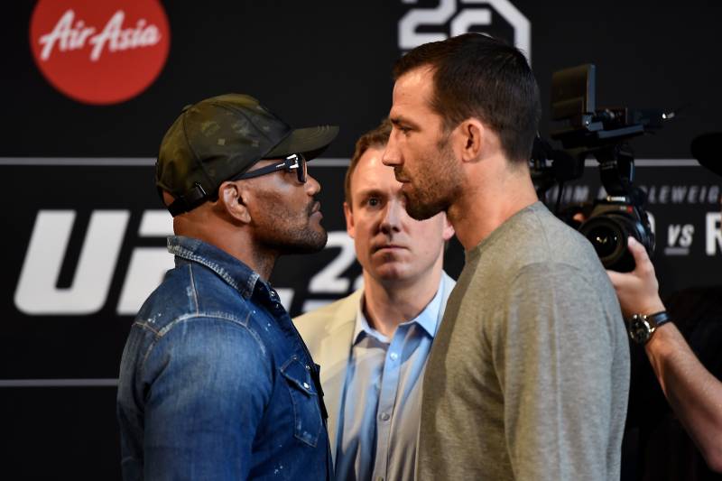 PERTH, AUSTRALIA - FEBRUARY 07: (L-R) Yoel Romero of Cuba and Luke Rockhold face off during the UFC 221 Press Conference at Perth Arena on February 7, 2018 in Perth, Australia. (Photo by Jeff Bottari/Zuffa LLC/Zuffa LLC via Getty Images)