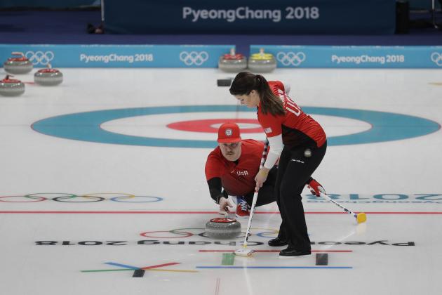 United States' siblings Matt, left, and Becca Hamilton sweeps the ice during their mixed doubles curling match against Olympic Athletes from Russia at the 2018 Winter Olympics in Gangneung, South Korea, Thursday, Feb. 8, 2018. (AP Photo/Aaron Favila)