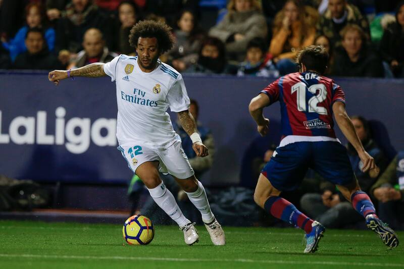 VALENCIA, SPAIN - FEBRUARY 3: (L-R) Marcelo of Real Madrid, Coke of Levante during the La Liga Santander match between Levante v Real Madrid at the Estadi Ciutat de Valencia on February 3, 2018 in Valencia Spain (Photo by Jeroen Meuwsen/Soccrates/Getty Images)