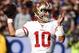 LOS ANGELES, CA - DECEMBER 31: Quarterback Jimmy Garoppolo #10 of the San Francisco 49ers throws a pass Los Angeles Rams during the first quarter at Los Angeles Memorial Coliseum on December 31, 2017 in Los Angeles, California. (Photo by Kevork Djansezian/Getty Images)
