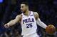Philadelphia 76ers guard Ben Simmons (25) gestures to a teammate during an NBA basketball game against the Oklahoma City Thunder in Oklahoma City, Sunday, Jan. 28, 2018. (AP Photo/Sue Ogrocki)