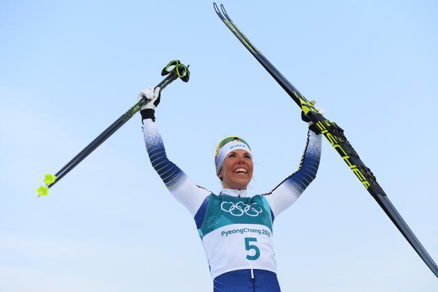 PYEONGCHANG-GUN, SOUTH KOREA - FEBRUARY 10:  Charlotte Kalla of Sweden celebrates winning gold during the Ladies Cross Country Skiing 7.5km + 7.5km Skiathlon on day one of the PyeongChang 2018 Winter Olympic Games at Alpensia Cross-Country Centre on February 10, 2018 in Pyeongchang-gun, South Korea.  (Photo by Quinn Rooney/Getty Images)
