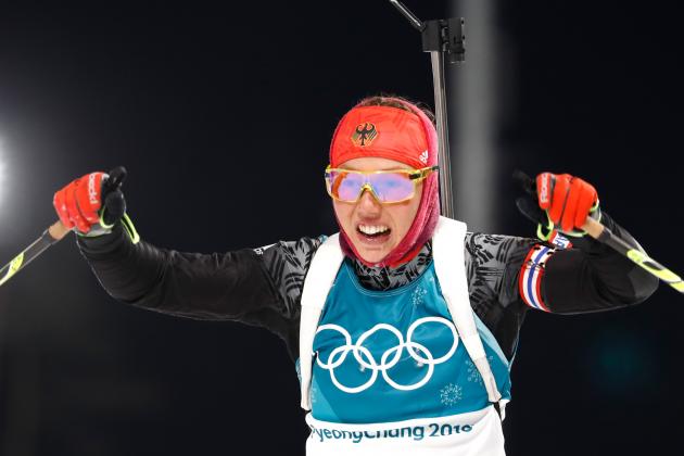 Germany's Laura Dahlmeier reacts after crossing the finish line of the women's 7,5 km sprint biathlon event during the Pyeongchang 2018 Winter Olympic Games on February 10, 2018, in Pyeongchang. / AFP PHOTO / Odd ANDERSEN        (Photo credit should read ODD ANDERSEN/AFP/Getty Images)