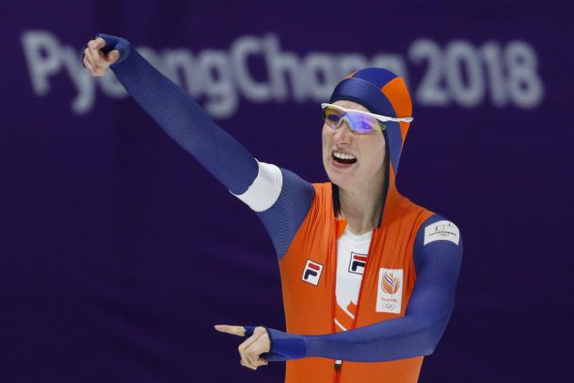 Carlijn Achtereekte of The Netherlands celebrates after the women's 3,000 meters race at the Gangneung Oval at the 2018 Winter Olympics in Gangneung, South Korea, Saturday, Feb. 10, 2018. (AP Photo/John Locher)