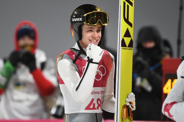 Germany's Andreas Wellinger reacts after competing in the men's normal hill individual ski jumping event during the Pyeongchang 2018 Winter Olympic Games on February 10, 2018, in Pyeongchang. / AFP PHOTO / Christof STACHE        (Photo credit should read CHRISTOF STACHE/AFP/Getty Images)