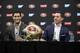 San Francisco 49ers quarterback Jimmy Garoppolo, left, smiles next to head coach Kyle Shanahan during an NFL football press conference Friday, Feb. 9, 2018, in Santa Clara, Calif. Garoppolo has signed a five-year contract with the 49ers worth a record-breaking $137.5 million. (AP Photo/Marcio Jose Sanchez)