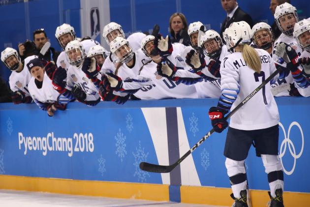 GANGNEUNG, SOUTH KOREA - FEBRUARY 11:  Monique Lamoureux-Morando #7 of the United States celebrates with teammates after scoring a goal in the second period against Finland during the Women's Ice Hockey Preliminary Round - Group A game on day two of the PyeongChang 2018 Winter Olympic Games at Kwandong Hockey Centre on February 11, 2018 in Gangneung, South Korea.  (Photo by Bruce Bennett/Getty Images)
