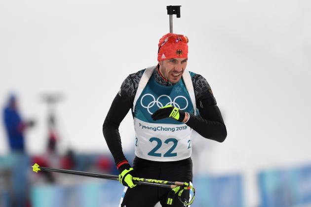 Germany's Arnd Peiffer finishes the men's 10km sprint biathlon event during the Pyeongchang 2018 Winter Olympic Games on February 11, 2018, in Pyeongchang. / AFP PHOTO / Christof STACHE        (Photo credit should read CHRISTOF STACHE/AFP/Getty Images)
