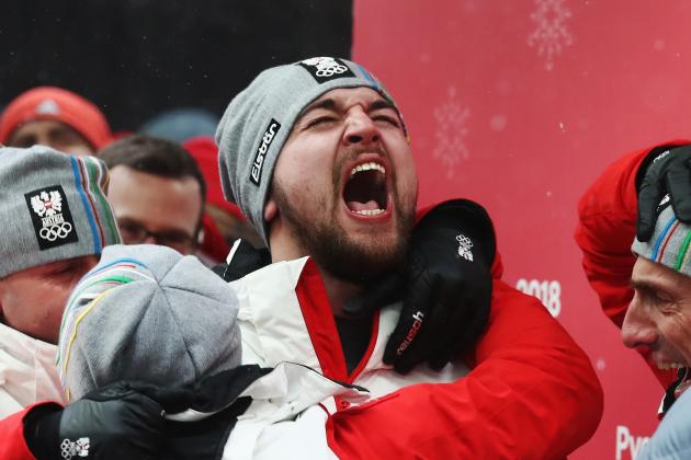 PYEONGCHANG-GUN, SOUTH KOREA - FEBRUARY 11: David Gleirscher of Austria celebrates winning the gold following run 4 during the Luge Men's Singles on day two of the PyeongChang 2018 Winter Olympic Games at Olympic Sliding Centre on February 11, 2018 in Pyeongchang-gun, South Korea. (Photo by Alexander Hassenstein/Getty Images)