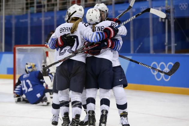 Kendall Coyne, second from left, of the United States, celebrates after scoring a goal against Finland during the second period of the preliminary round of the women's hockey game at the 2018 Winter Olympics in Gangneung, South Korea, Sunday, Feb. 11, 2018. (AP Photo/Frank Franklin II)
