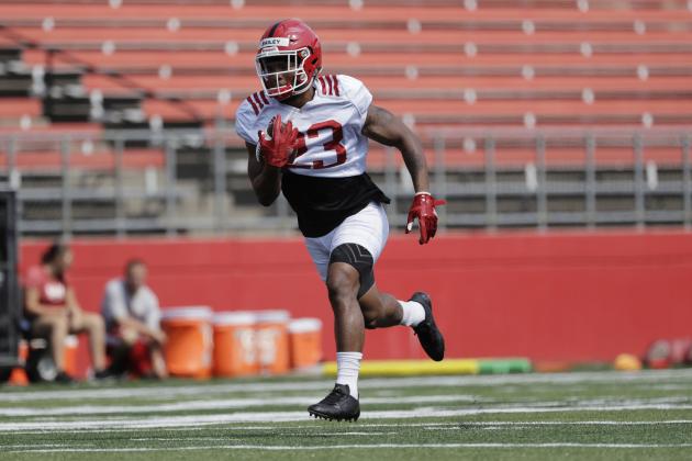 Rutgers wide receiver Dacoven Bailey runs with the ball during college football practice, Friday, Aug. 4, 2017, in Piscataway, N.J. (AP Photo/Julio Cortez)