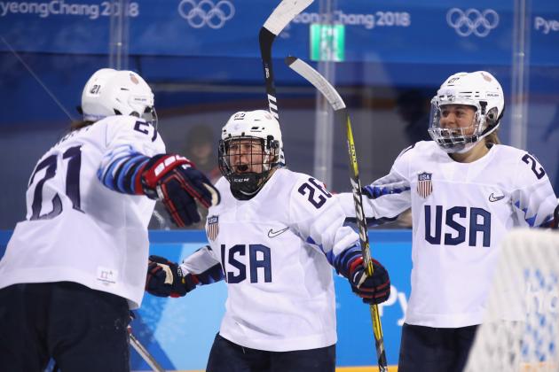 GANGNEUNG, SOUTH KOREA - FEBRUARY 11:  Kendall Coyne #26 of the United States celebrates with teammates after scoring a goal in the second period against Finland during the Women's Ice Hockey Preliminary Round - Group A game on day two of the PyeongChang 2018 Winter Olympic Games at Kwandong Hockey Centre on February 11, 2018 in Gangneung, South Korea.  (Photo by Bruce Bennett/Getty Images)