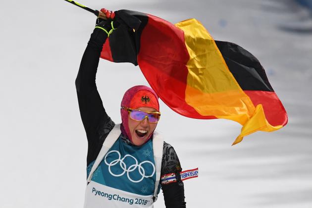 PYEONGCHANG-GUN, SOUTH KOREA - FEBRUARY 12: Laura Dahlmeier of Germany celebrates her time during the Women's Biathlon 10km Pursuit on day three of the PyeongChang 2018 Winter Olympic Games at Alpensia Biathlon Centre on February 12, 2018 in Pyeongchang-gun, South Korea. (Photo by Matthias Hangst/Getty Images)