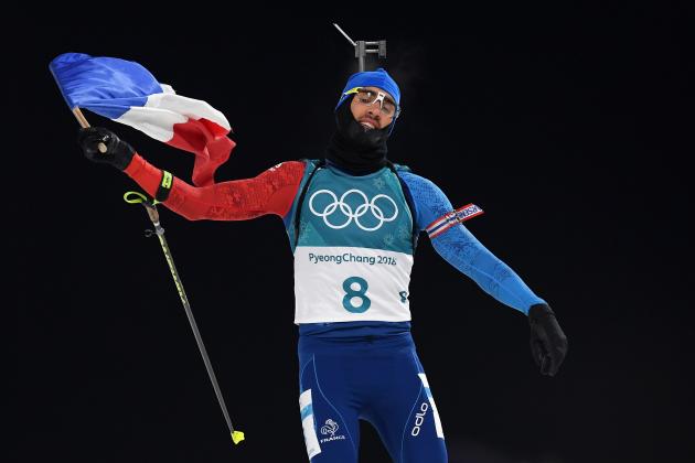 PYEONGCHANG-GUN, SOUTH KOREA - FEBRUARY 12: Martin Fourcade of France celebrates winning the gold medal during the Men's Biathlon 12.5km Pursuit on day three of the PyeongChang 2018 Winter Olympic Games at Alpensia Biathlon Centre on February 12, 2018 in Pyeongchang-gun, South Korea. (Photo by Matthias Hangst/Getty Images)