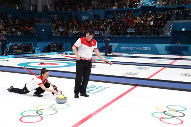 GANGNEUNG, SOUTH KOREA - FEBRUARY 8:  Jenny Perret of Switzerland delivers a stone against Finland in the Curling Mixed Doubles Round Robin Session 2 during the PyeongChang 2018 Winter Olympic Games at Gangneung Curling Centre on February 8, 2018 in Gangneung, South Korea. (Photo by Maddie Meyer/Getty Images)