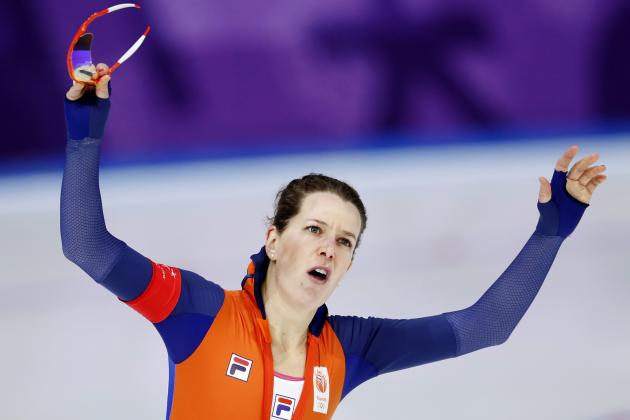 Ireen Wust of Netherlands celebrates after the women's 1,500 meters speedskating race at the Gangneung Oval at the 2018 Winter Olympics in Gangneung, South Korea, Monday, Feb. 12, 2018. (AP Photo/Petr David Josek)