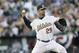 OAKLAND, CA - OCTOBER 11: Esteban Loaiza of the Oakland Athletics pitches during Game Two of the American League Championship Series against the Detroit Tigers at McAfee Coliseum on October 11, 2006 in Oakland, California. (Photo by Michael Zagaris/MLB Photos via Getty Images)