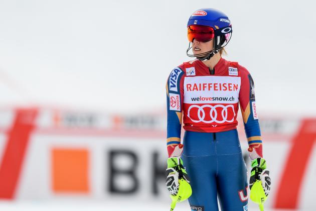 US Mikaela Shiffrin reacts after missing a gate in the Women's slalom race at the FIS Alpine Skiing World Cup on January 28, 2018 in Lenzerheide. / AFP PHOTO / Fabrice COFFRINI        (Photo credit should read FABRICE COFFRINI/AFP/Getty Images)