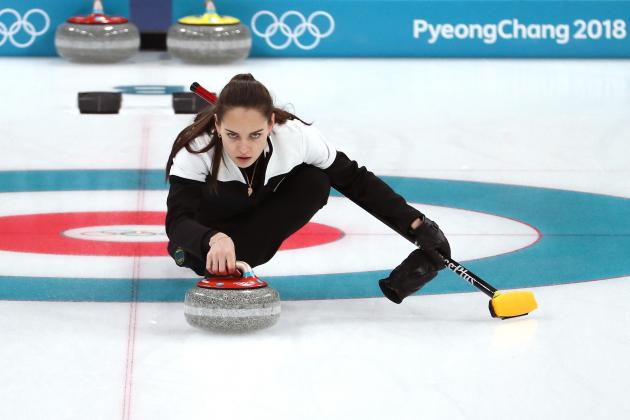 GANGNEUNG, SOUTH KOREA - FEBRUARY 13: Anastasia Bryzgalova of Olympic Athletes from Russia delivers a stone against Norway during the Curling Mixed Doubles Bronze Medal Game on day four of the PyeongChang 2018 Winter Olympic Games at Gangneung Curling Centre on February 13, 2018 in Gangneung, South Korea.  (Photo by Jamie Squire/Getty Images)