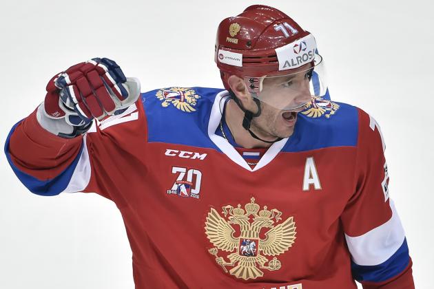 Russia's forward Ilya Kovalchuk celebrates a goal during the Channel One Cup of the Euro Hockey Tour ice hockey match between Russia and Czech Republic in Moscow on December 16, 2016. / AFP / Alexander NEMENOV        (Photo credit should read ALEXANDER NEMENOV/AFP/Getty Images)