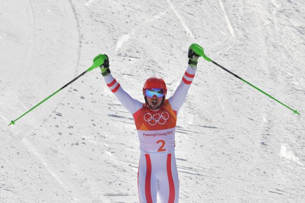 Austria's Marcel Hirscher celebrates after crossing the finish line of the Men's Alpine Combined Slalom at the Jeongseon Alpine Center during the Pyeongchang 2018 Winter Olympic Games in Pyeongchang on February 13, 2018.  / AFP PHOTO / Dimitar DILKOFF        (Photo credit should read DIMITAR DILKOFF/AFP/Getty Images)