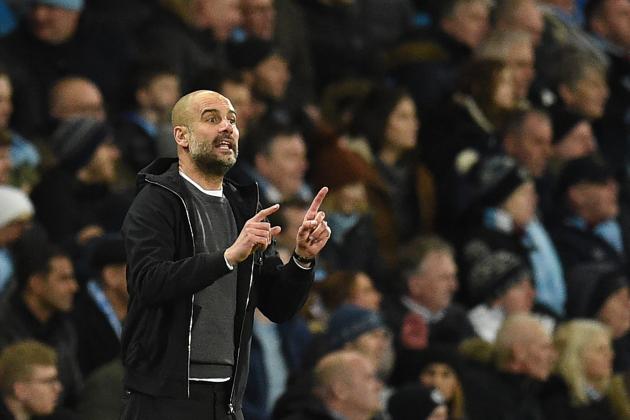 Manchester City's Spanish manager Pep Guardiola gestures on the touchline during the English Premier League football match between Manchester City and Leicester City at the Etihad Stadium in Manchester, north west England, on February 10, 2018. / AFP PHOTO / Oli SCARFF / RESTRICTED TO EDITORIAL USE. No use with unauthorized audio, video, data, fixture lists, club/league logos or 'live' services. Online in-match use limited to 75 images, no video emulation. No use in betting, games or single club/league/player publications.  /         (Photo credit should read OLI SCARFF/AFP/Getty Images)
