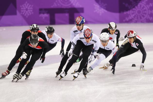 GANGNEUNG, SOUTH KOREA - FEBRUARY 13:  Korea, Hungary, the United States and Japan compete during the Men's 5000m Relay Short Track Speed Skating heat 2 on day four of the PyeongChang 2018 Winter Olympic Games at Gangneung Ice Arena on February 13, 2018 in Gangneung, South Korea.  (Photo by Richard Heathcote/Getty Images)