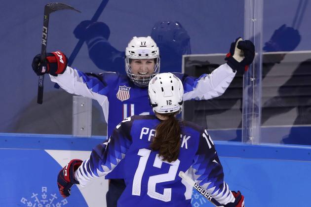 Jocelyne Lamoureux-Davidson (17), of the United States, celebrates her second goal against the team from Russia with Kelly Pannek (12) during the second period of the preliminary round of the women's hockey game at the 2018 Winter Olympics in Gangneung, South Korea, Tuesday, Feb. 13, 2018. (AP Photo/Frank Franklin II)