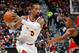 ATLANTA, GA - FEBRUARY 09: JR Smith #5 of the Cleveland Cavaliers is defended by Isaiah Taylor #22 of the Atlanta Hawks at Philips Arena on February 9, 2018 in Atlanta, Georgia. NOTE TO USER: User expressly acknowledges and agrees that, by downloading and or using this photograph, User is consenting to the terms and conditions of the Getty Images License Agreement. (Photo by Kevin C. Cox/Getty Images)