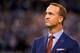 INDIANAPOLIS, IN - OCTOBER 08: Peyton Manning watches a video presentation during a ceremony to retire his number during the halftime of the game between the Indianapolis Colts and the San Francisco 49ers at Lucas Oil Stadium on October 8, 2017 in Indianapolis, Indiana. (Photo by Bobby Ellis/Getty Images)