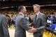 OAKLAND, CA - JUNE 2: Head Coach Tyronn Lue of the Cleveland Cavaliers exchange greetings with Head Coach Steve Kerr of the Golden State Warriors during Game One of the 2016 NBA Finals on June 2, 2016 at ORACLE Arena in Oakland, California. NOTE TO USER: User expressly acknowledges and agrees that, by downloading and or using this photograph, User is consenting to the terms and conditions of the Getty Images License Agreement. Mandatory Copyright Notice: Copyright 2016 NBAE (Photo by Andrew D. Bernstein/NBAE via Getty Images)