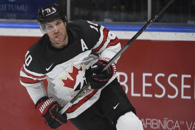 Canada's Roy Derek in action during an exhibition hockey game in Riga, Latvia, Sunday, Feb. 4, 2018. (AP Photo/Roman Koksarov)