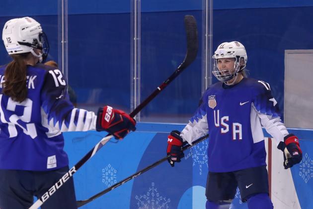 GANGNEUNG, SOUTH KOREA - FEBRUARY 13:  Jocelyne Lamoureux #17 of the United States celebrates with Kelly Pannek #12 after scoring a second period goal against Olympic Athletes from Russia during the Women's Ice Hockey Preliminary Round - Group A game on day four of the PyeongChang 2018 Winter Olympic Games at Kwandong Hockey Centre on February 13, 2018 in Gangneung, South Korea.  (Photo by Ronald Martinez/Getty Images)