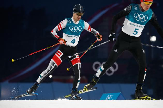 Austria's Lukas Klapfer (L) and Germany's Eric Frenzel compete in the nordic combined men's individual normal hill NH/10km cross country at the Alpensia cross country centre during the Pyeongchang 2018 Winter Olympic Games on February 14 , 2018 in Pyeongchang. / AFP PHOTO / Odd ANDERSEN (Photo credit should read ODD ANDERSEN/AFP/Getty Images)