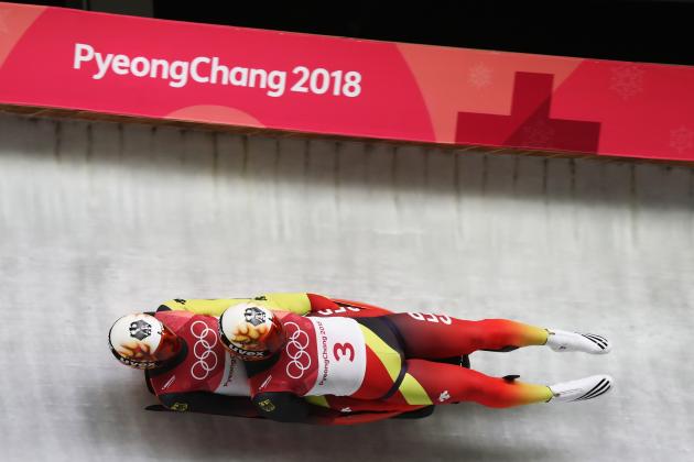 PYEONGCHANG-GUN, SOUTH KOREA - FEBRUARY 14: Tobias Wendl and Tobias Arlt of Germany make a run during the Luge Doubles on day five of the PyeongChang 2018 Winter Olympics at the Olympic Sliding Centre on February 14, 2018 in Pyeongchang-gun, South Korea. (Photo by Alexander Hassenstein/Getty Images)