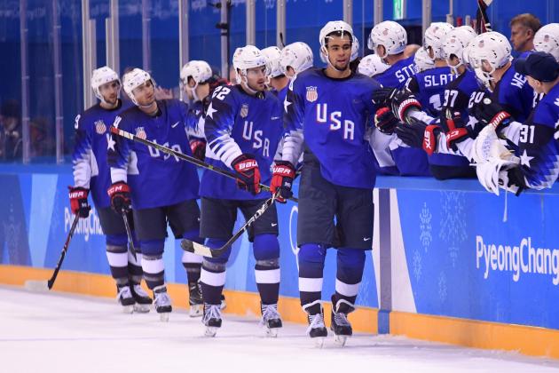 GANGNEUNG, SOUTH KOREA - FEBRUARY 14:  Jordan Greenway #18 of the United States celebrates after scoring a goal on Gasper Kroselj #32 of Slovenia in the second period during the Men's Ice Hockey Preliminary Round Group B game on day five of the PyeongChang 2018 Winter Olympics at Kwandong Hockey Centre on February 14, 2018 in Gangneung, South Korea.  (Photo by Harry How/Getty Images)