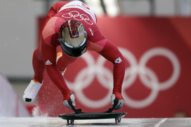 Sungbin Yun of South Korea starts his first run during the men's skeleton competition at the 2018 Winter Olympics in Pyeongchang, South Korea, Thursday, Feb. 15, 2018. (AP Photo/Andy Wong)