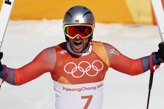 Norway's Aksel Lund Svindal reacts in the finish area of the men's downhill at the 2018 Winter Olympics in Jeongseon, South Korea, Thursday, Feb. 15, 2018. (AP Photo/Christophe Ena)