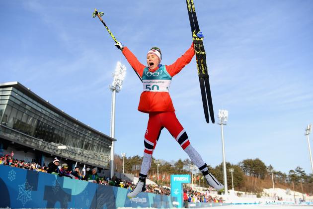 PYEONGCHANG-GUN, SOUTH KOREA - FEBRUARY 15: Ragnhild Haga of Norway celebrates winning the Cross-Country Skiing Ladies' 10 km Free on day six of the PyeongChang 2018 Winter Olympic Games at Alpensia Cross-Country Centre on February 15, 2018 in Pyeongchang-gun, South Korea. (Photo by Quinn Rooney/Getty Images)