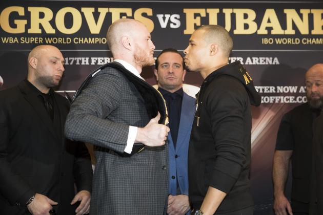 MANCHESTER, ENGLAND - FEBRUARY 14: George Groves and Chris Eubank Jr face off after their press conference at Crowne Plaza Hotel in Manchester on February 14, 2018 in Manchester, England. (Photo by Mark Robinson/Getty Images)