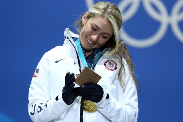 PYEONGCHANG-GUN, SOUTH KOREA - FEBRUARY 15:  Gold medalist Mikaela Shiffrin of the United States celebrates during the medal ceremony for Alpine Skiing - Ladies' Giant Slalom on day six of the PyeongChang 2018 Winter Olympic Games at Medal Plaza on February 15, 2018 in Pyeongchang-gun, South Korea.  (Photo by Alexander Hassenstein/Getty Images)